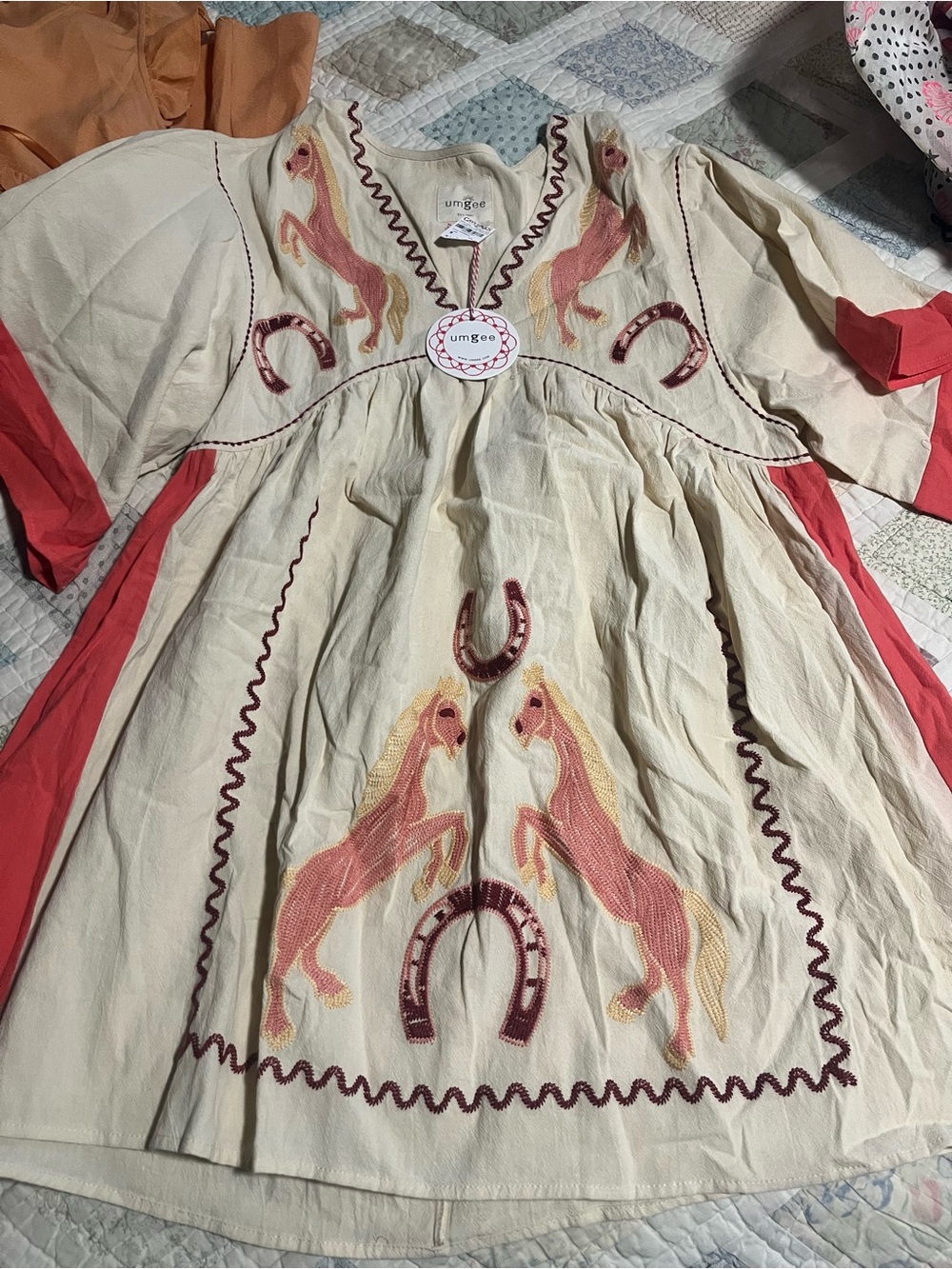 Umgee Cream Tunic with Coral and Gold Embroidery